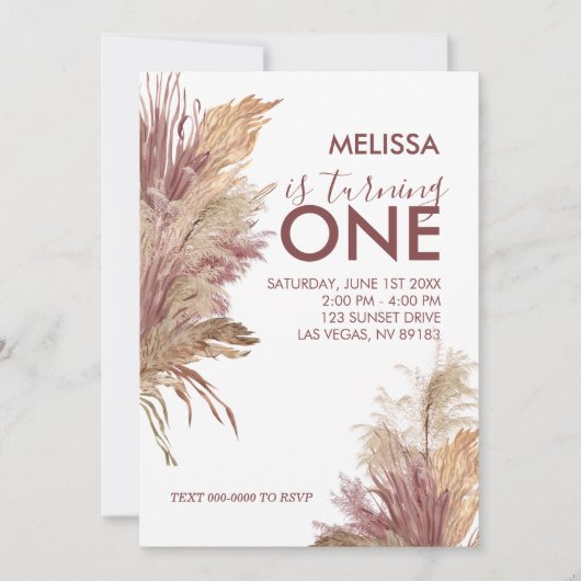 Eerste Verjaardag Foto Pampas Elegance Mauve Roze Kaart (Voorkant)