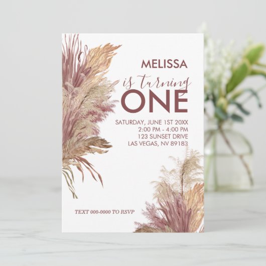 Eerste Verjaardag Foto Pampas Elegance Mauve Roze Kaart (Staand voorkant)