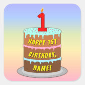 Eerste verjaardag: Fun Cake en Candle + Custom Nam Vierkante Sticker (Voorkant)