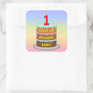 Eerste verjaardag: Fun Cake en Candle + Custom Nam Vierkante Sticker