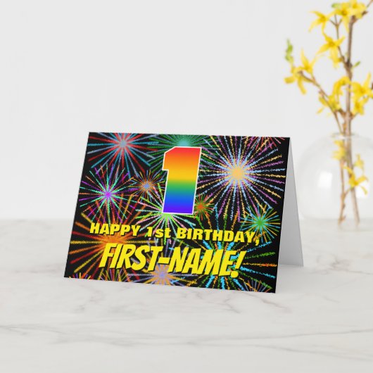 Eerste verjaardag: Fun, kleurrijk gevuurwerk Kaart (Gele Bloem)