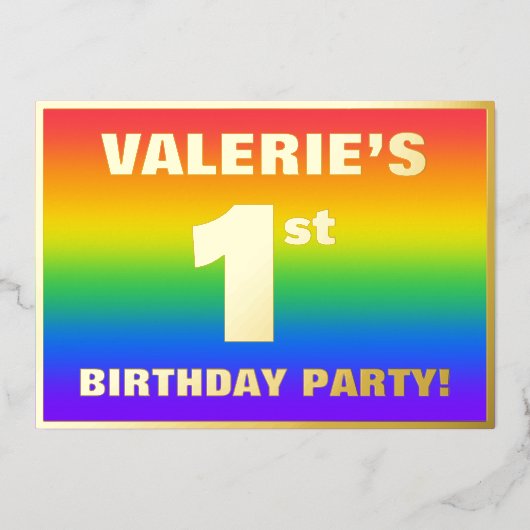 Eerste verjaardag: Fun, kleurrijk regenboogpatroon Folie Uitnodiging (Voorkant)