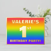 Eerste verjaardag: Fun, kleurrijk regenboogpatroon Folie Uitnodiging (Staand Voorkant)