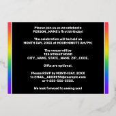 Eerste verjaardag: Fun, kleurrijk regenboogpatroon Folie Uitnodiging (Achterkant)