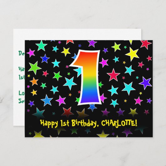 Eerste verjaardag: Fun Stars Pattern, Rainbow 1, n Briefkaart (Voorkant / Achterkant)