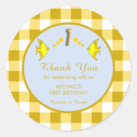 Eerste verjaardag Gele Gingham Vis Bedankt Ronde Sticker (Voorkant)