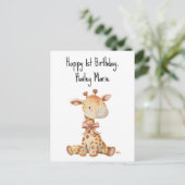 Eerste verjaardag gevulde Speelgoed Giraffe gepers Briefkaart (Staand voorkant)