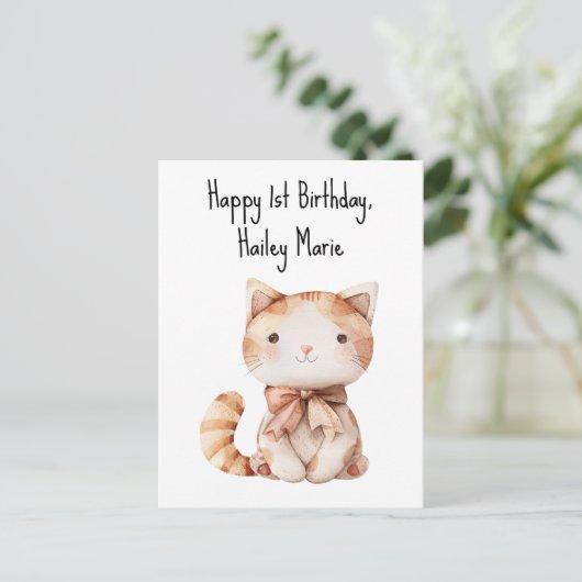 Eerste verjaardag gevulde Speelgoed kat gepersonal Briefkaart (Staand voorkant)
