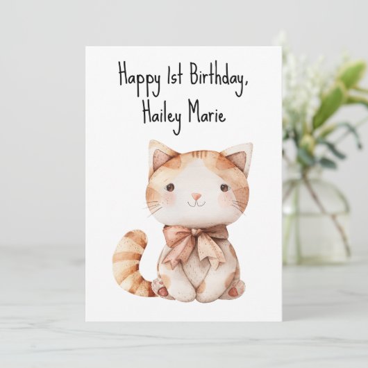 Eerste verjaardag gevulde Speelgoed kat gepersonal Kaart (Staand voorkant)
