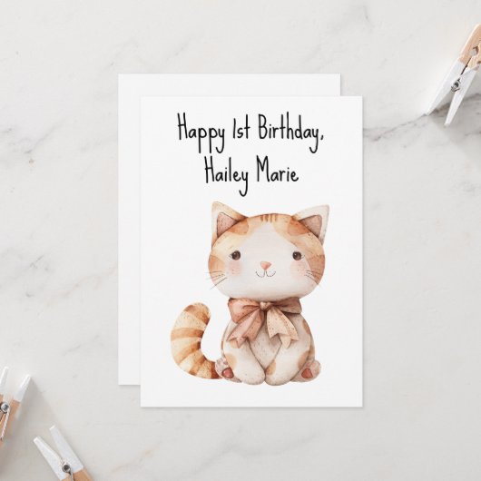 Eerste verjaardag gevulde Speelgoed kat gepersonal Kaart (Voorkant / Achterkant in situ)