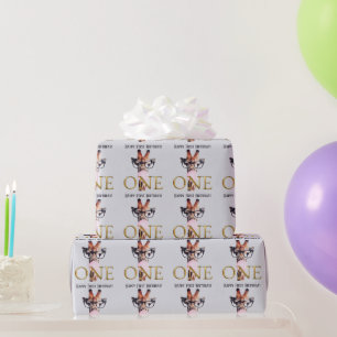 Eerste verjaardag Giraffe met roze kauwgombril Cadeaupapier
