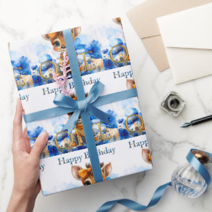 Eerste verjaardag Giraffe met strik met polka stip Cadeaupapier