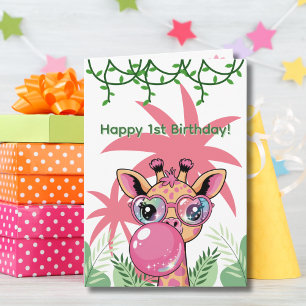 Eerste verjaardag Giraffe Roze Bubbel Lief Grappig Kaart