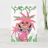 Eerste Verjaardag Giraffe Roze Bubbel Schattige Gr Kaart (Voorkant)