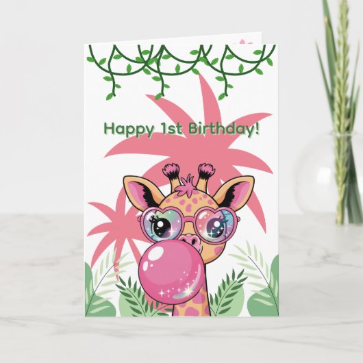 Eerste Verjaardag Giraffe Roze Bubbel Schattige Gr Kaart (Voorkant)
