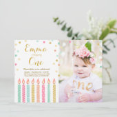 Eerste verjaardag: Girl Confetti Candles Kaart (Staand voorkant)