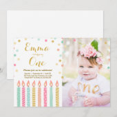 Eerste verjaardag: Girl Confetti Candles Kaart (Voorkant / Achterkant)