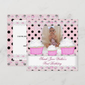 Eerste verjaardag Girl Pink Cupcakes Black White B Kaart (Voorkant / Achterkant)