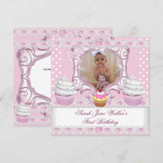 Eerste verjaardag Girl Pink Cupcakes White Baby Kaart (Voorkant / Achterkant)
