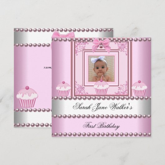 Eerste verjaardag Girl Pink Cupcakes White Pearl B Kaart (Voorkant / Achterkant)