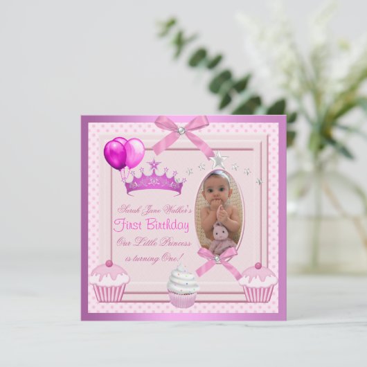 Eerste verjaardag Girl Pink Cupcakes White Pearl B Kaart (Staand voorkant)