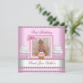 Eerste verjaardag Girl Pink Cupcakes White Pearl B Kaart (Staand voorkant)