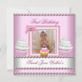 Eerste verjaardag Girl Pink Cupcakes White Pearl B Kaart (Voorkant)