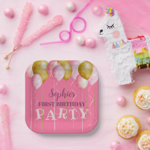 Eerste verjaardag Girly Pink & Gold Balloon Birthd Papieren Bordje