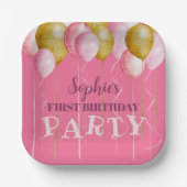 Eerste verjaardag Girly Pink & Gold Balloon Birthd Papieren Bordje (Voorkant)