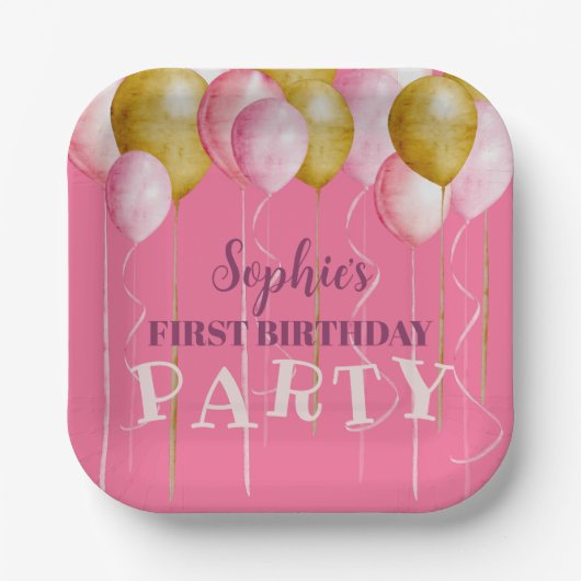 Eerste verjaardag Girly Pink & Gold Balloon Birthd Papieren Bordje (Voorkant)