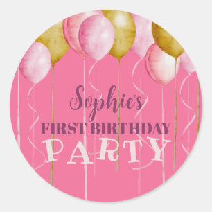 Eerste verjaardag Girly Pink & Gold Balloon Birthd Ronde Sticker