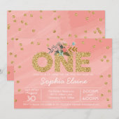 Eerste verjaardag, Glitter Confetti, koraalroze Kaart (Voorkant / Achterkant)