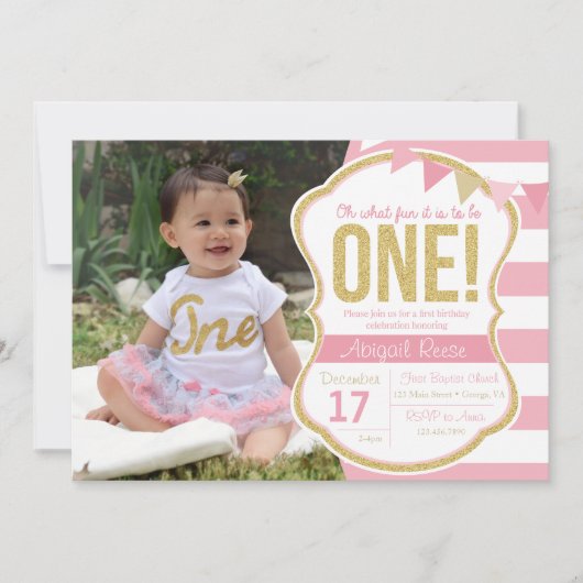 Eerste verjaardag Glitter verjaardag uitnodiging (Voorkant)