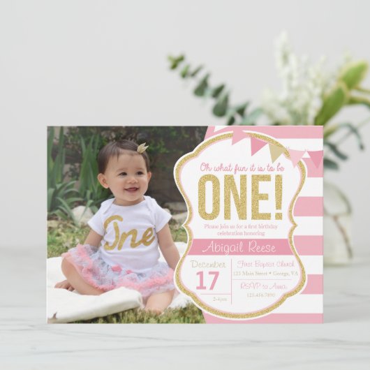 Eerste verjaardag Glitter verjaardag uitnodiging (Staand voorkant)