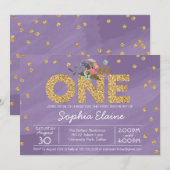 Eerste verjaardag, Gold Glitter Confetti en paars Kaart (Voorkant / Achterkant)