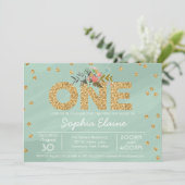 Eerste Verjaardag, Gouden Glitter Confetti, mintgr Kaart (Staand voorkant)