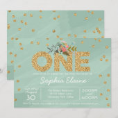 Eerste Verjaardag, Gouden Glitter Confetti, mintgr Kaart (Voorkant / Achterkant)