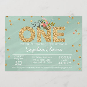 Eerste Verjaardag, Gouden Glitter Confetti, mintgr Kaart