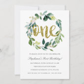 Eerste Verjaardag Gouden Groene Bloemen Krans Uitn Kaart (Voorkant)