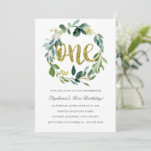 Eerste Verjaardag Gouden Groene Bloemen Krans Uitn Kaart (Staand voorkant)