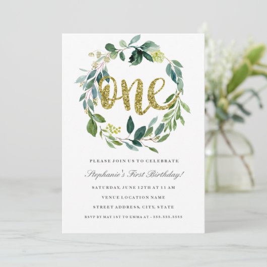 Eerste Verjaardag Gouden Groene Bloemen Krans Uitn Kaart (Staand voorkant)