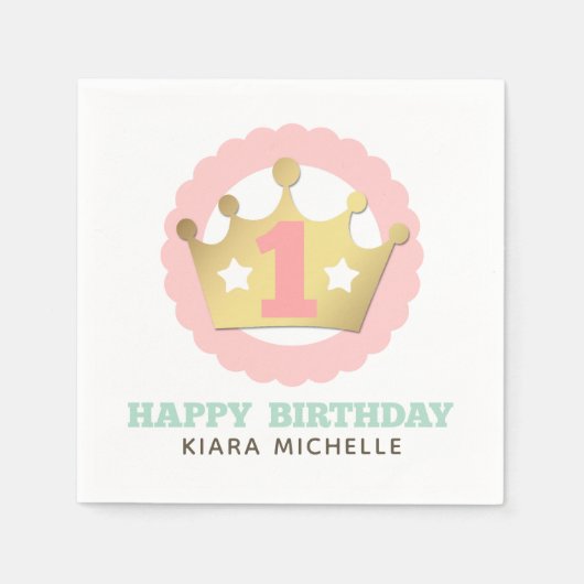 Eerste verjaardag Gouden Prinses Kroon & Shabby Ro Servet (Voorkant)