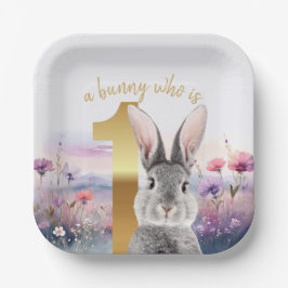 Eerste verjaardag Grijze Konijn met wilde bloemen Papieren Bordje