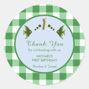 Eerste verjaardag groene Gingham vis bedankt Ronde Sticker