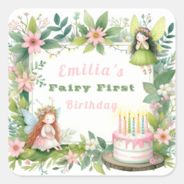 Eerste verjaardag groene pastel fee - vierkante sticker