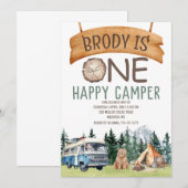 EERSTE verjaardag Happy Camper Uitnodiging (Voorkant / Achterkant)