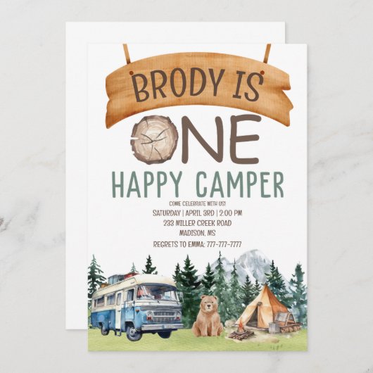 EERSTE verjaardag Happy Camper Uitnodiging (Voorkant / Achterkant)