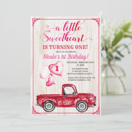 Eerste verjaardag harten ballon vrachtwagen uitnod kaart (Staand voorkant)