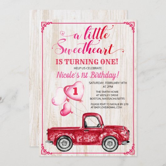 Eerste verjaardag harten ballon vrachtwagen uitnod kaart (Voorkant / Achterkant)