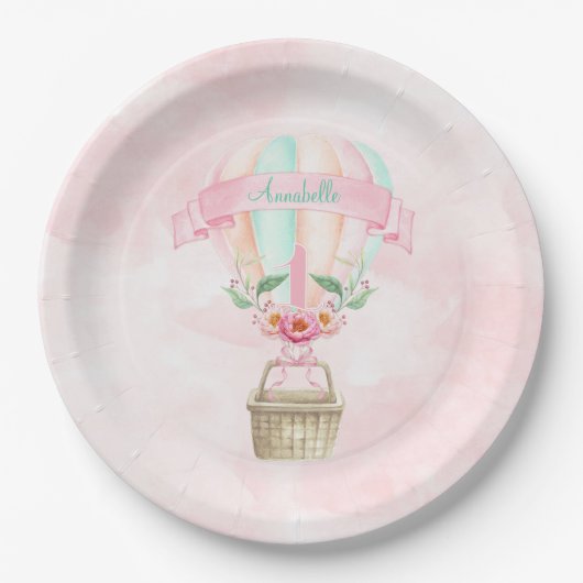 Eerste verjaardag Heet Luchtballon Mint Roze Perzi Papieren Bordje (Voorkant)